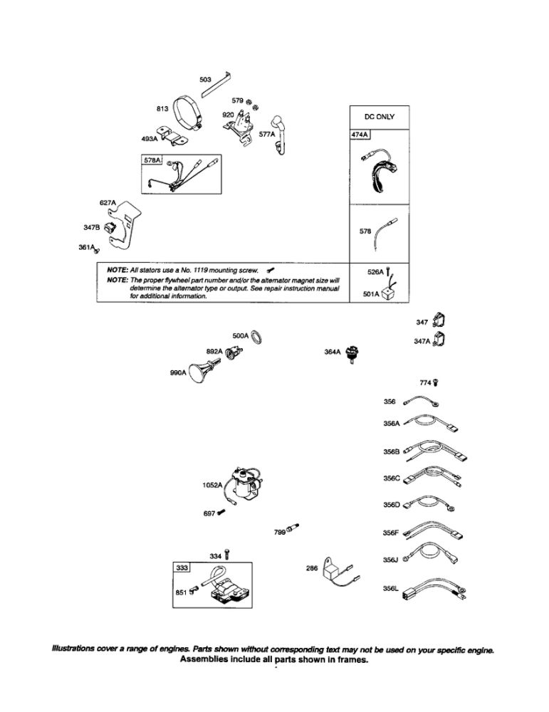 Alternator/Magneto Armature Diagram and Parts List for 204300 0036-1162 Briggs and Stratton Engine